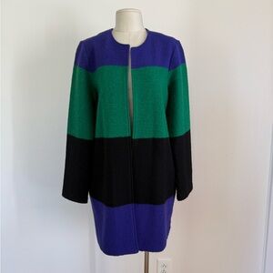 Max Studio Wool Blend Colorblock Coat Large Blue Green Black Long Jacket